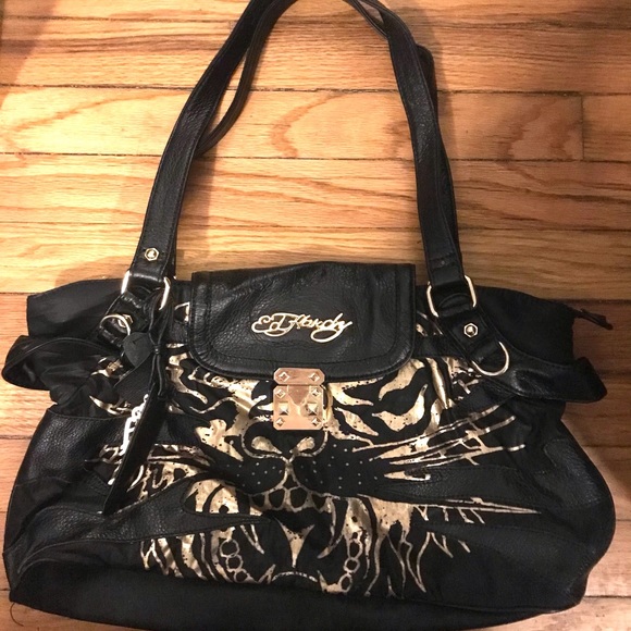 VERY CHIC Ed Hardy Christian Audigier Metallic Gold Black Tiger Purse Handbag - Picture 6 of 11
